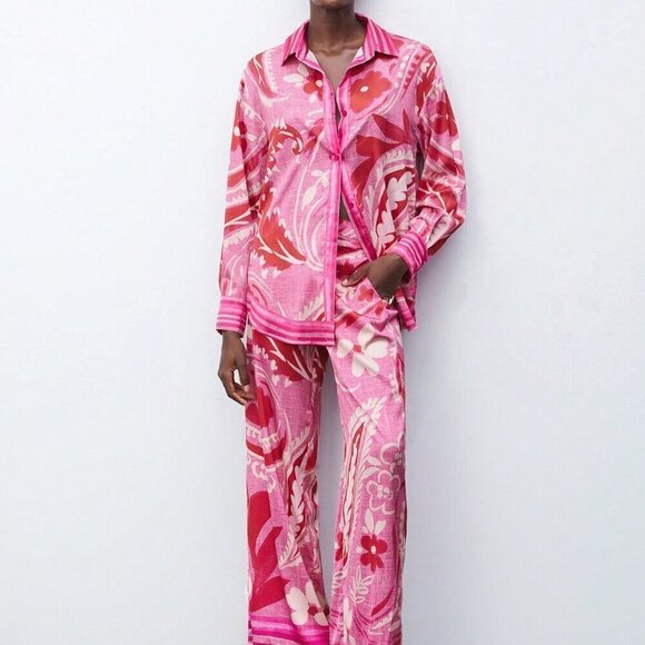Pants - Hot Pink Casual Women's Floral Print Straight Leg Pants For Vacation
